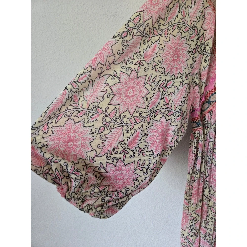 Free People XL Pink Floral Crochet Lace Moon Child Balloon Sleeve Dress Oversize